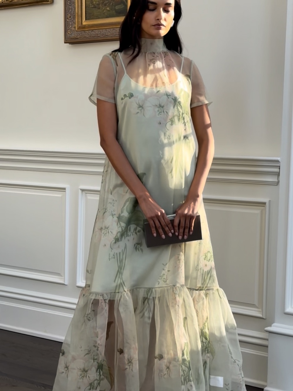 CAARA Melody Dress - Mint Blossom Sage Green Floral Gown - Picture 5 of 6